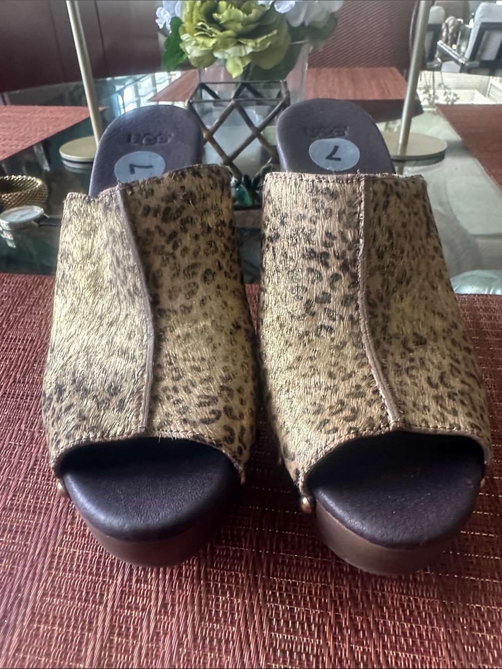 UGG Leopard-Print Open Toe Slide Mules - Tan